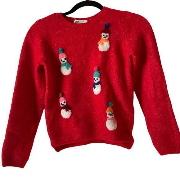 H&M Red Girls Soft Jacquard Knit Long Sleeved Christmas Sweater with Snowmen - Picture 3 of 8